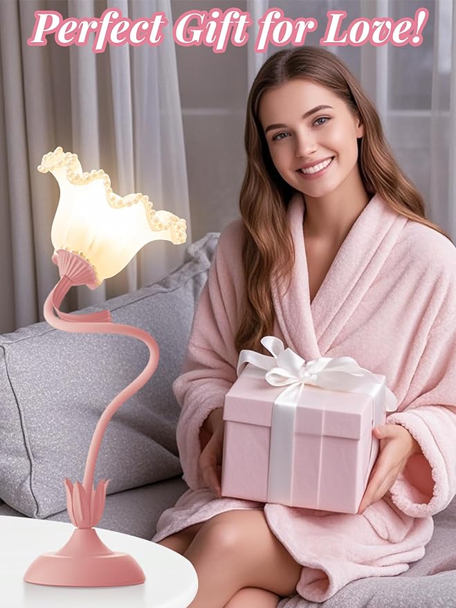 Flower Table Lamp Bedside Lamps LED Reading Light,3 Color Modes Cute Small Lamp,Vintage Flower Lamp Kawaii Table Lamp for Bedroom Living Room Office Dorm Desk Home Decor (Pearl Pink lamp)