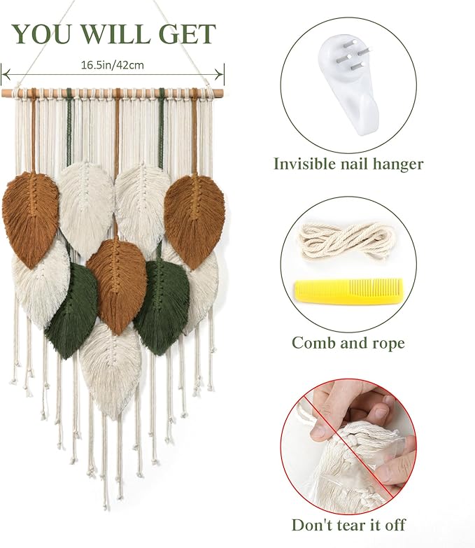 KHOYIME Macrame Wall Hanging Leaves Woven Tapestry, Boho Chic Home Decor Modern Bohemian Handmade Leaf Feather Wall Art Decorations for Apartment Dorm Living Room Bedroom Nursery Backdrop 16.5"x29.5"