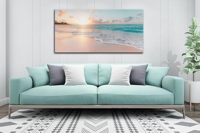 OKEXCKK Beach Large Canvas Wall Art Picture for Living Room - Sunset Ocean Nature Painting Print Decor Coastal Wall Decor Seascape Artwork Poster for Bedroom Decoration - 24"x48"
