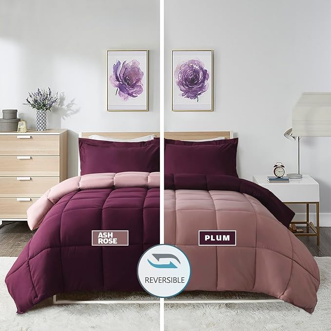 HIG 3pc Plum King Size Comforter Set - All Season Reversible Down Alternative Comforter with Two Shams - Quilted Duvet Insert with Corner Tabs - Box Stitched - Breathable, Soft, Fluffy
