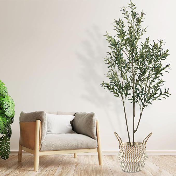 Faux Olive Tree 6.56ft(78in) Tall Artificial Plant Indoor Decor Large Realistic Potted Fake Modern Greenery with Natural Wood Branches and Green Leaves for Home Living Room,Bedroom,Office Decor