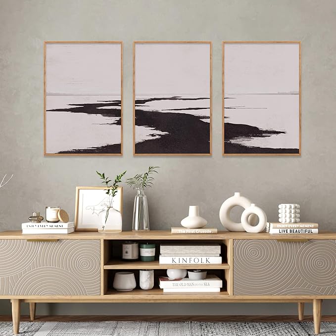 KAIRNE Abstract Neutral Lake Framed Wall Art Set, Neutral Shape Wall Painting, Abstract Black and Grey Landscape Wall Decor, Modern Watercolor Art Print for Living Room, Bedroom, Office - 16"x24"x3