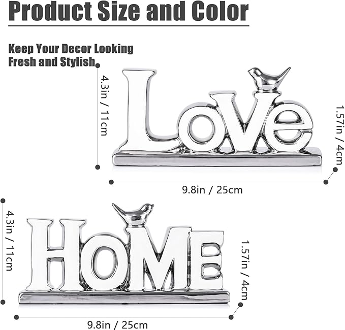 Love Sign Decoration,White and Silver Love Signs for Home Decor Statue,Bird Sculpture Personalized Love Decor,Chrome Style Figurine Decorative Ornaments for Living Room,Bedroom (2 Pcs, White+Silver)