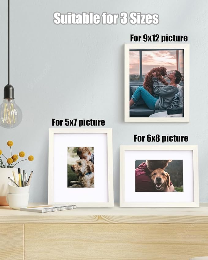 Egofine 9x12 Picture Frames Set of 4, Made of Solid Wood Covered by Plexiglass 5x7 and 6x8 with Mat or 9x12 without Mat, for Table Top Display and Wall Mounting Photo Frame Beige