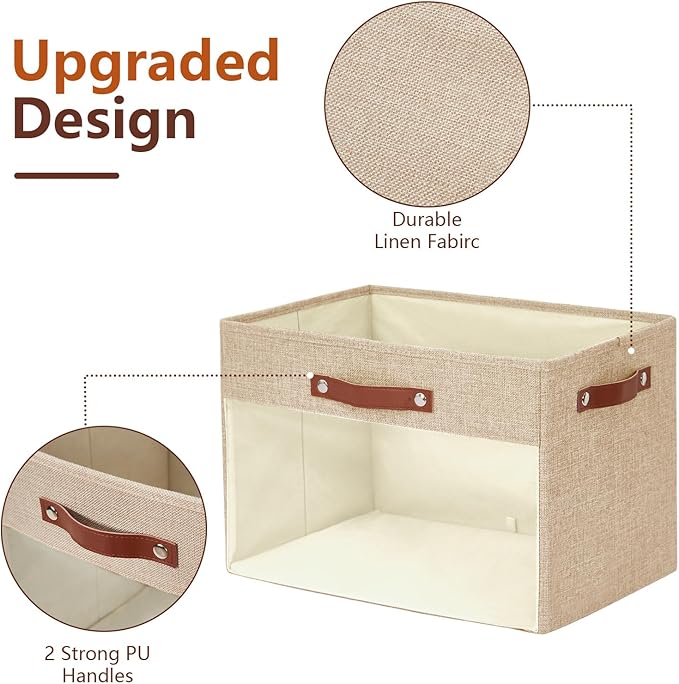 Extra Large Storage Baskets with Clear Window, See Through Closet Organizer with PU Handles, Linen Foldable Storage Bins for Organizing Clothes, Toys, Books (Khaki)