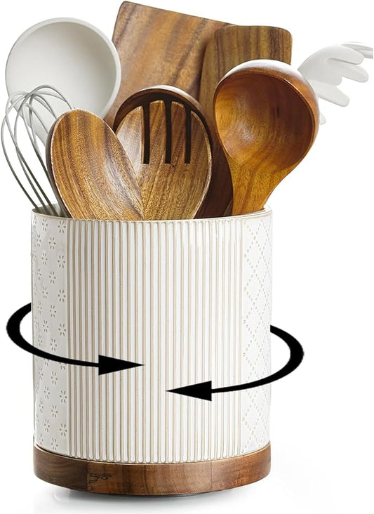 getstar 360° Rotating Kitchen Utensil Holder, Large Ceramic Cooking Utensil Holder for Kitchen Counter with Rotatable and Detachable Wooden Base