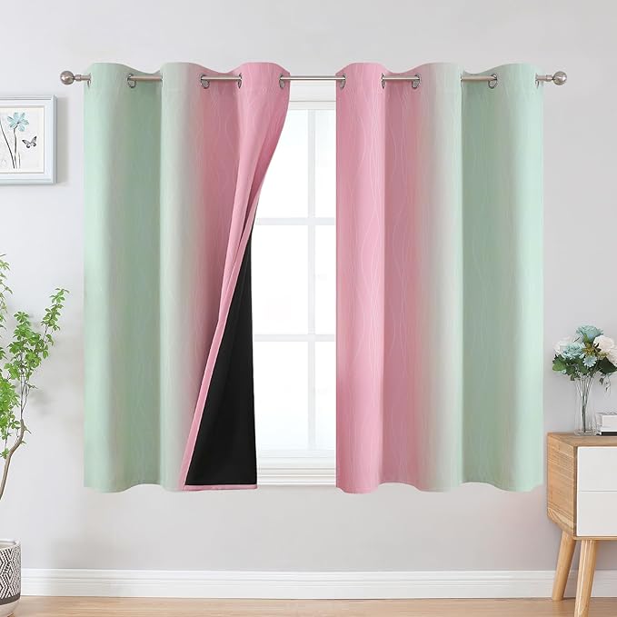 Estelar Textiler Pink and Sage Green Ombre Blackout Curtains 45 Inch Length 2 Panels, Full Room Darkening Gradient Drapes for Kitchen, Thermal Insulated Grommet Short Curtains for Bathroom, 42Wx45L