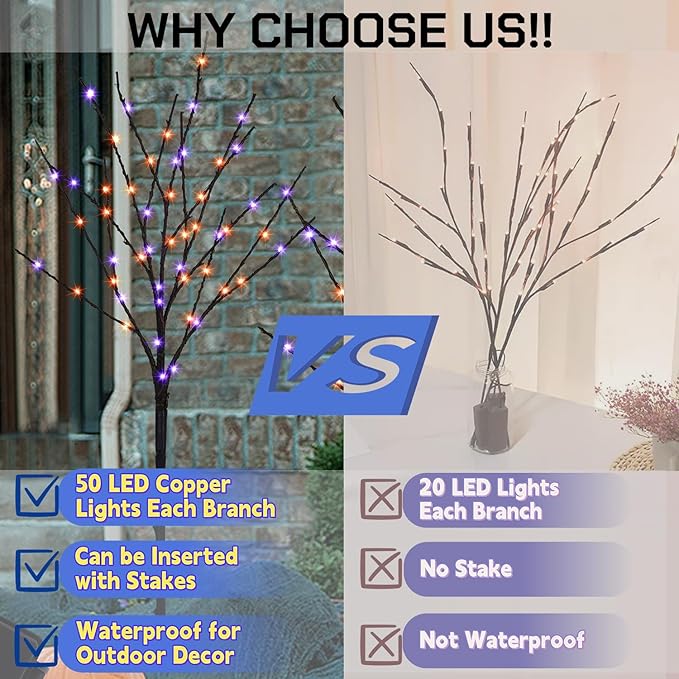 Lighted Halloween Tree Branches, 30IN 100LED Artificial Black Twig Branch with Purple&Orange Fairy Lights, Built-in Timer & Battery Operated, Waterproof for Outdoor Pathway Lawn Garden Decorations