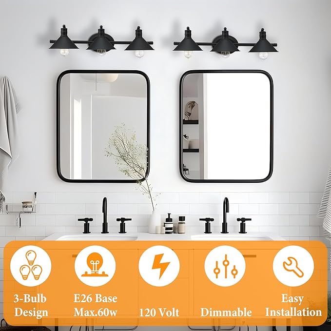 3 Light Bathroom Vanity Light Over Mirror - Farmhouse Wall Light for Bathroom Vanity Powder Room, Rustic Gooseneck Barn Style 3 Bulb Wall Sconce Over Kitchen Sink