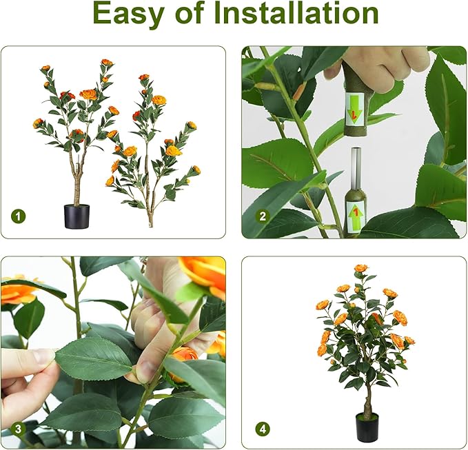 4ft Artificial Camellia Tree with White Silk Flowers - Realistic Faux Flowering Plant for Indoor/Outdoor Decor, Home Staging & Wedding Centerpieces Set of 2-Orange