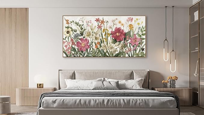 arteWOODS Botanical Framed Wall Art - Flowers Canvas Pictures Wall Decor Wildflowers Plants Painting Artwork Red Beige Blooming Floral Prints for Living Room Bedroom 58 x 29in Natural Wood Frame