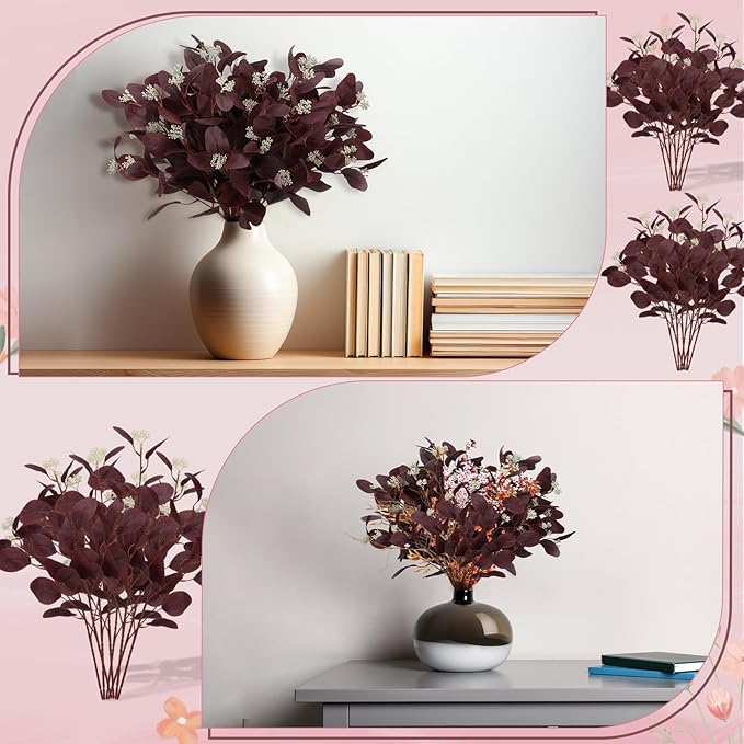 20 Pcs Fall Artificial Eucalyptus Stems 20" Burgundy Silk Fake Eucalyptus Leaves with Berries Fresh Dried Fall Greenery Stems Burgundy Plant Arrangement for Autumn Wedding Vase Table Centerpiece Decor