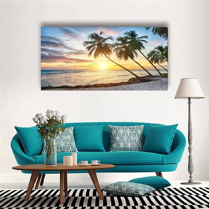 Beach Pictures Canvas Wall Art for Living room Bedroom Wall Decor,Palm Wall Art Print Paitnings for home Decor,Morden Artwork Sunset Coconut Tree Canvas Art Waterproof Stretched Ready to