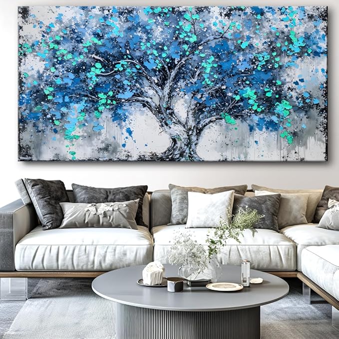 Tree Wall Art Teal Blue Nature Tree of Life Abstract Canvas Painting Textured Picture, Modern Landscape Artwork Framed for Living Room Bedroom Bathroom Office Home Decor 58x28in