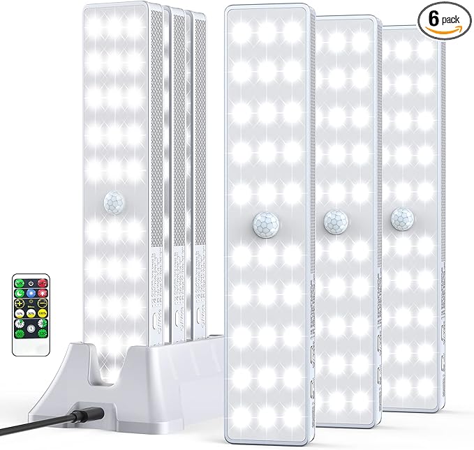 LED Closet Light with Charging Station, 6 Pcs 30LEDs 8'' Dimmer Rechargeable Motion Sensor Under Cabinet Lighting with Remote Control, Wireless Stick-Anywhere Night Light for Wardrobe,Kitchen