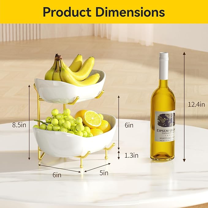 2 Tier Ceramic Fruit Bowl with Metal Stand – Tiered Fruit Stand for Kitchen Countertop, Serving Tray for Snacks, Nuts, Cakes, Desserts, Bread, Candy Storage, Gold