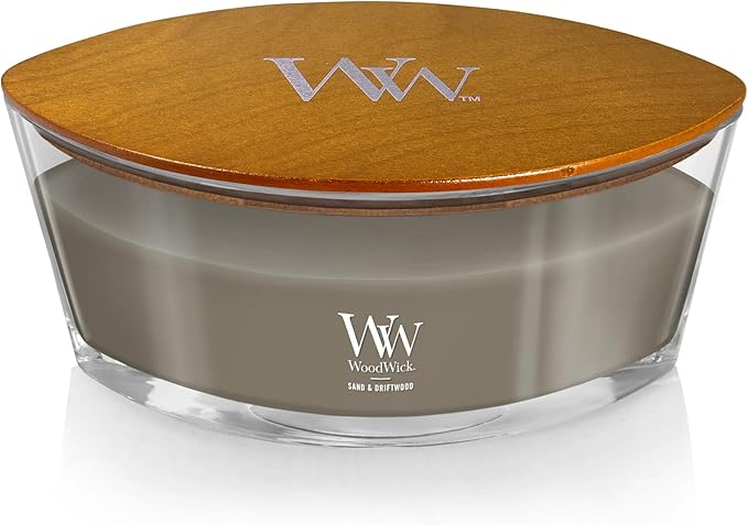 WoodWick Ellipse 16oz Candle Sand & Driftwood Scent Crackles as it Burns Premium Soy Blend Wax Up to 50 Hours Burn time Perfect for Gifting