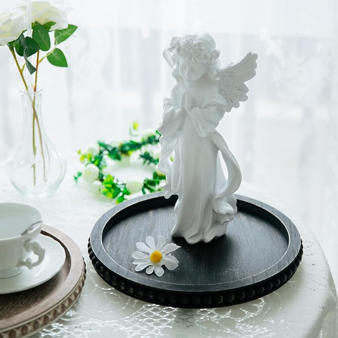 Decor 12in Round Tray for Home Decor- Black Wood Beaded Tray, Decorative Round Tray for Living Room Decor, Coffee Table Decor, Kitchen Table Decor or Farmhouse Serving Tray