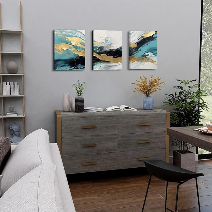 Abstract Teal Canvas Wall Art Bedroom Decor Set of 3 Abstract Gold Line Ink Prints Picture Bathroom Artwork 12x16", Abstract Turquoise Glitter Splash Modern Framed Painting for Living Room Decoration