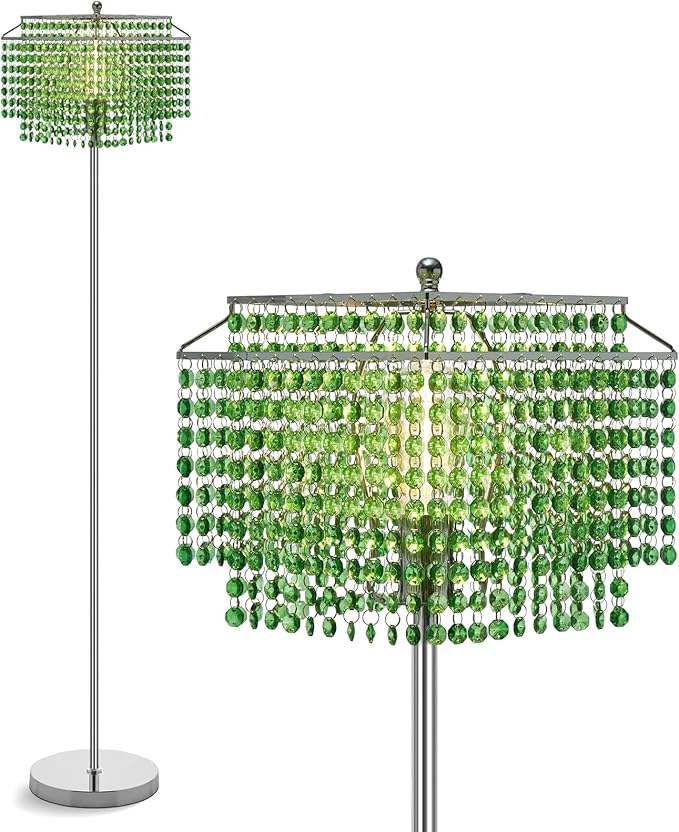 Crystal Floor Lamp, 64" Tall Elegant Standing Lamp with On-Off Foot Switch, Silver Lamp with Green Double-Layer Crystal Lampshade , Standing Lamps for Bedroom, Living Room, Office, 8W Bulb Included