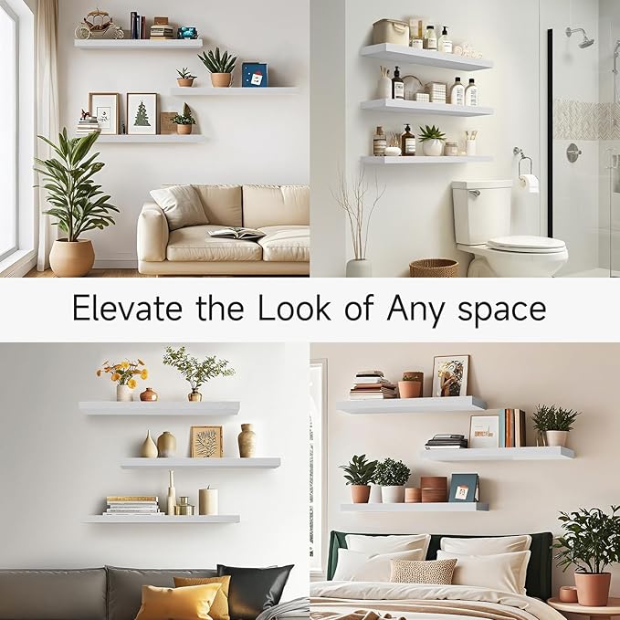 BAYKA White Floating Shelves for Wall, 36 inches Wall Mounted Rustic Wood Shelves for Bathroom, Bedroom, Living Room, for Books/Storage/Decor（Set of 3）