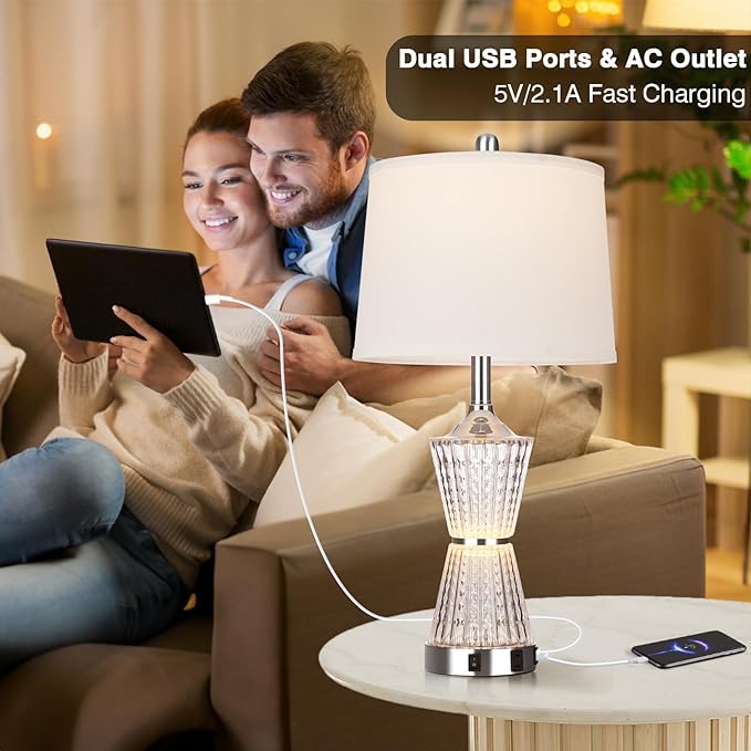 26" Modern Table Lamps, Set of 2 Table Lamp Night Light with 2 USB Charging Ports & AC Outlet, Bedside Nightstand Lamp White Shade for Living Room Bedroom Home Decor Silver(LED Bulbs Included)
