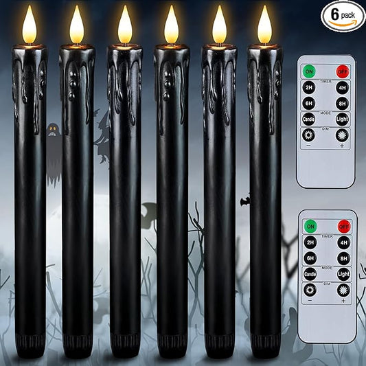 Homemory Black Flameless Taper Candles with Remote and Timer, Real Wax LED Taper Candles Battery Operated, Flickering Candle Sticks for Party Halloween Indoor Decoration, 6 Pcs, 9.6 inches