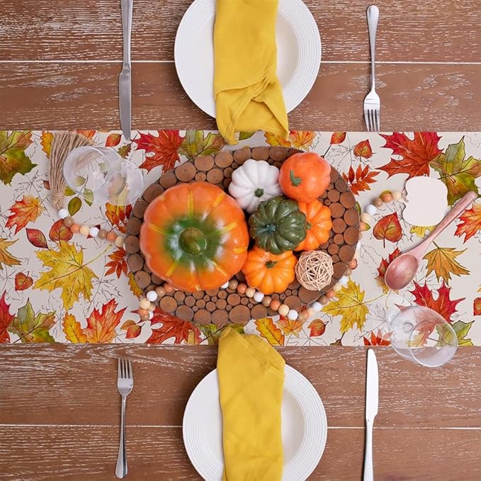 GEEORY Fall Table Runner 13x72 Inch, Maple Leaves Rustic Thanksgiving Farmhouse Decor Table Decoration for Kitchen Dinning, Indoor Outdoor Dinner Party (Orange Red Green Leaves) GT115-72