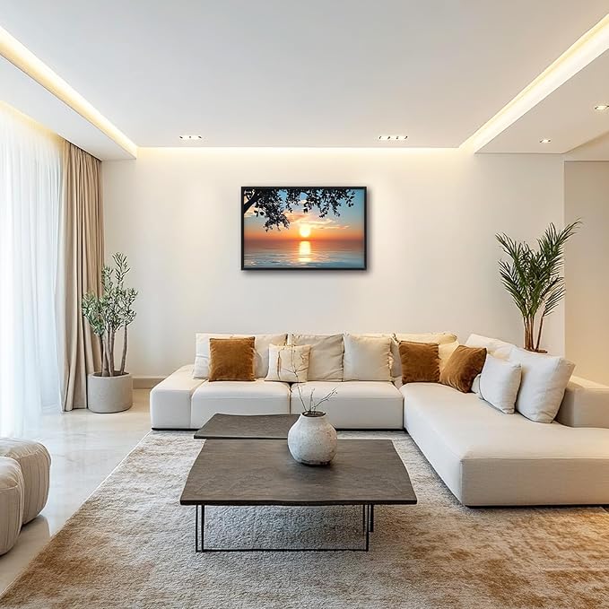 Framed Large Lake Sunset Wall Art, Oversized Natural Landscape Wall Decor for Living Room, Tree Leaves Canvas Painting Pictures Home Decoration for Living Room Bedroom Office 36"x24"