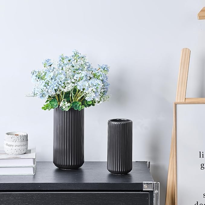 Black Ceramic Flower Vase for Pampas Grass, 10 inch Large Decorative Centerpiece Ribbed Vase for Dining Table, Office Desktop, Shelf Bookshelf, Mantel, Entryway, Bathroom, Countertop, Farmhouse, Gift