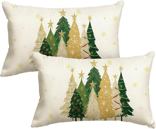 AVOIN colorlife Christmas Trees Star White Throw Pillow Covers Set of 2, 12 x 20 Inch Snowflake Seasonal Winter Holiday Cushion Case Decoration for Sofa Couch