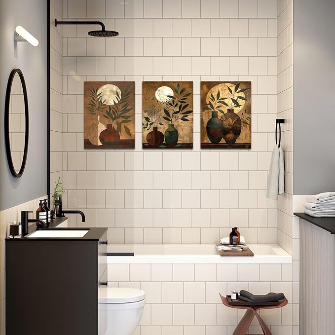 ChaudArt 3 Pieces Green Branch in Brown Vase with Moon Decor Paintings Modern Canvas Wall Art Decor Artworks Pictures for Living Room Bedroom Kitchen Decoration