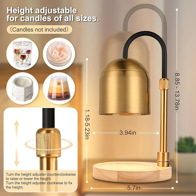 Candle Warmer Lamp with Timer & Dimmer, Adjustable Height Electric Candle Warmer with 3 Bulbs,Compatible with All Size Scented Candles, Wax Melt Warmer for Bedroom,Home Decor House Warming Gifts