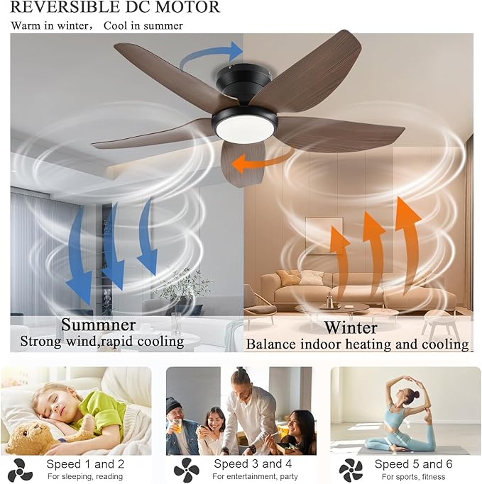 Ceiling Fans with Lights, 43 Inch Low Profile Ceiling Fan with Light and Remote/App Control, Flush Mount, Reversible DC Motor, 3CCT, Dimmable, Noiseless, Brown Ceiling Fan for Indoor/Outdoor Use