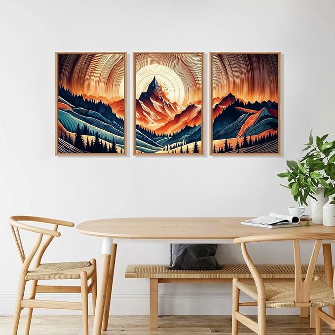 HOURIA Woodland Mountain Framed Canvas Wall Art Set,Natural Boho Tree Ring Wall Decor,Vintage Earth Tone Forest Landscape Artwork,Wilderness Field Art Print For Living Room,Bedroom,Office-16 x24 x3