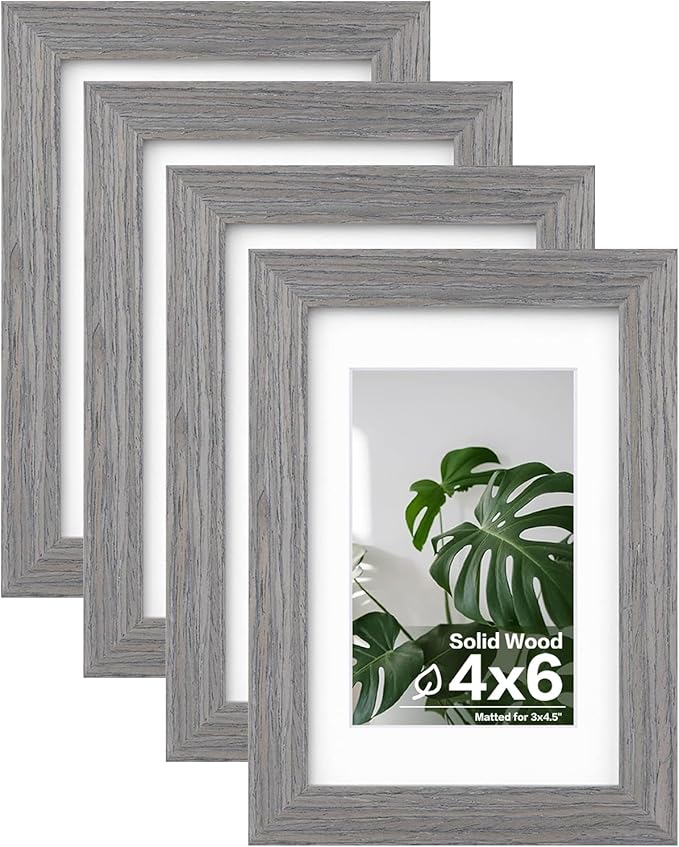 Egofine 4x6 Picture Frames Set of 4, Made of Solid Wood Covered by Plexiglass 3.5x5 with Mat or 4x6 without Mat, for Table Top Display and Wall Mounting Photo Frame Light Grey