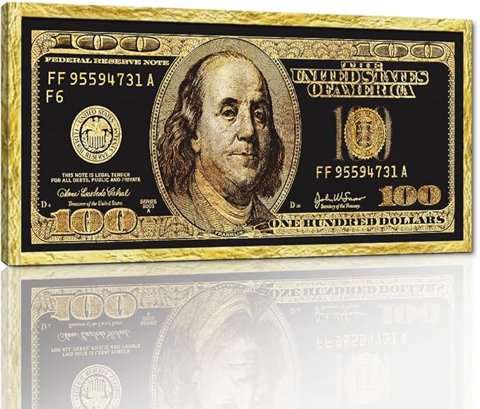 Golden Dollar Wall Painting Giclee Canvas Artwork 100 Dollar Money Poster and Print Creative 100 Bill Art Print Modern Home Decor Painting HD Print for Living Room Bedroom Frame Easy to Hang-32"Wx16"H