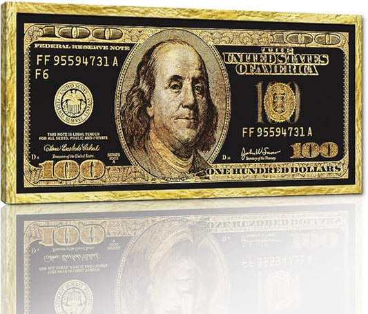 Golden Dollar Wall Painting Giclee Canvas Artwork 100 Dollar Money Poster and Print Creative 100 Bill Art Print Modern Home Decor Painting HD Print for Living Room Bedroom Frame Easy to Hang-32"Wx16"H