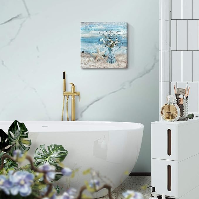 Bathroom Decor Wall Art Blue Beach Picture Ocean Theme Flower Canvas Print Modern Coastal Seascape Painting Framed Seaside Artwork Floral Daisy in Indian Vase for Home Sea Lake Bedroom 14x14inch
