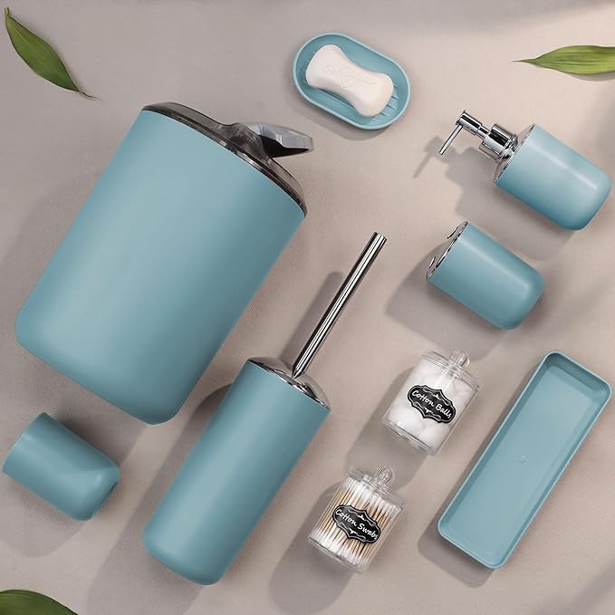 IMAVO Bathroom Accessories Set,Blue Bathroom Set,9 Pieces Bathroom Accessory Set,Tray,Qtip Holders,Toilet Brush,Trash Can for Bathroom Décor and Home Gifts