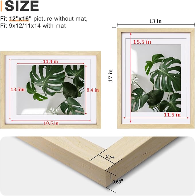 Egofine 12x16 Picture Frames Set of 4, Made of Solid Wood Covered by Plexiglass 9x12 and 11x14 with Mat or 12x16 without Mat, for Wall Mounting Photo Frame Oak Wood