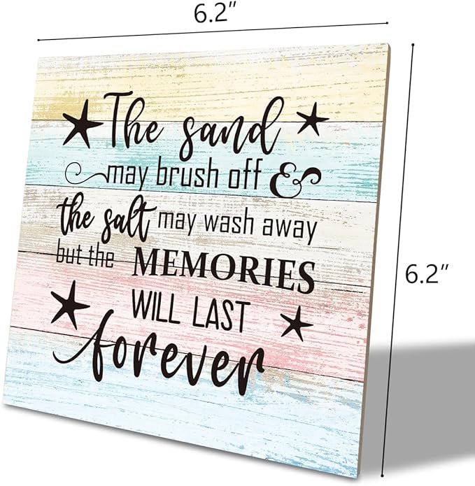Beach Wood Sign, “The Sand May Brush Off the Salt May Wash Away but the Memories Will Last Forever”, Wooden Plaque Table Art Sign, Ocean Theme Home Decorations, Coastal House Decor, Family Sign A
