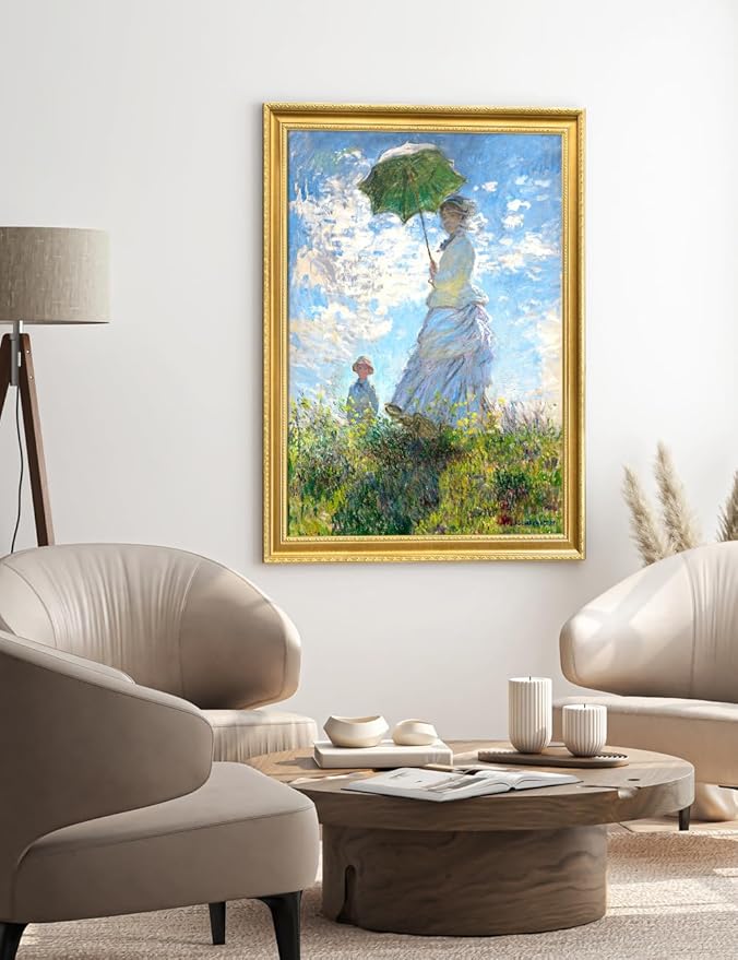 DECORARTS - Claude Monet Woman With a Parasol, Large Framed Wall Art, Canvas Size 28x35, Outer Dimensions Larger With Customizable Solid Wood Frames, Giclee Canvas Print, Made in USA