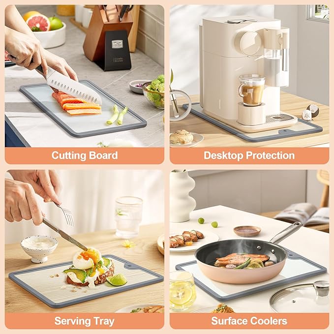 Joeyan 2Pcs Tempered Glass Cutting Boards Set- 15"x10" & 12"x8" Shatterproof Kitchen Chopping Board with Non-Slip Grips, Hanging Hole & Heat-Resistant for Meat Prep, Serving, Countertop Protection