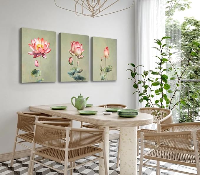 Framed Lotus Flower Canvas Wall Art Set Green Lotus Blossom Plant Floral Botanical Art Prints Minimalist Modern Wall Art Decor for Living Room Bathroom Kitchen Decor (12"x16"x3)