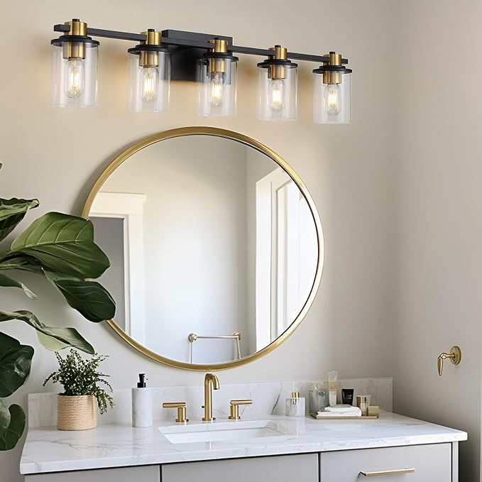 LOUSACE Bathroom Lighting Fixtures Black and Gold 5 Light Bathroom Vanity Light Over Mirror with Clear Glass Shades, Brushed Gold Socket Wall Vanity Lighting Fixtures for Bedroom Living Room
