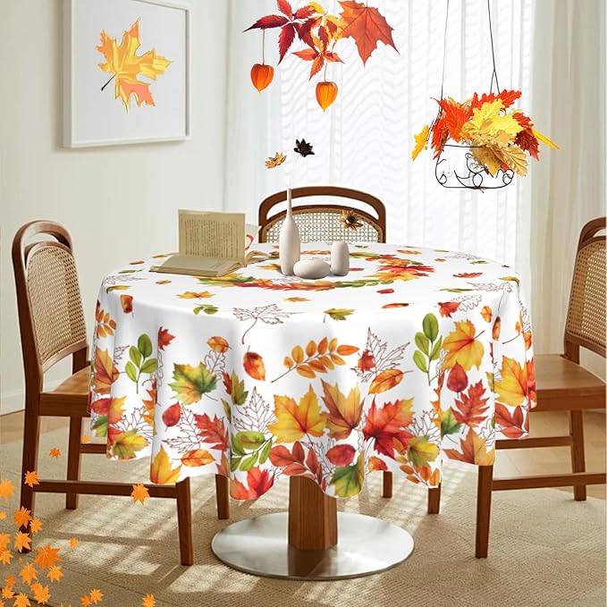 Fall Round Tablecloth 60x60 Inch Autumn Maple Leaf Table Cover Holiday Decorations Seasonal Decor for Home Kitchen Dining Room Picnic Party Thanksgiving