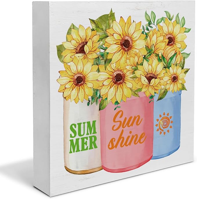 Summer Decor - Sunflower Decorations Summer Sunshine Wooden Sign Home Shelf Desk Decor 5 X 5 Inches