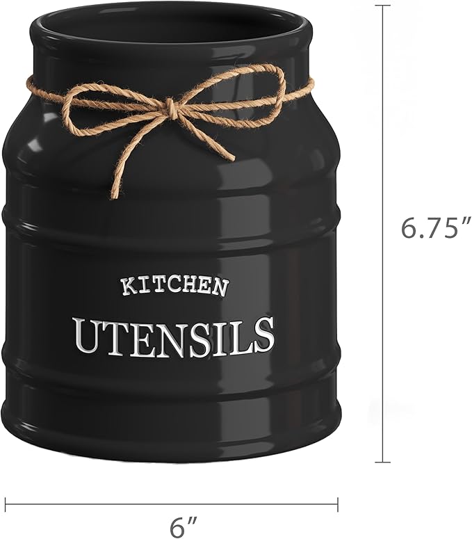 Barnyard Designs Ceramic Farmhouse Utensil Holder for Kitchen Counter, Large Rustic Utensil Crock, Countertop Cooking Tool Spatula Organizer, 6.75” (Black)