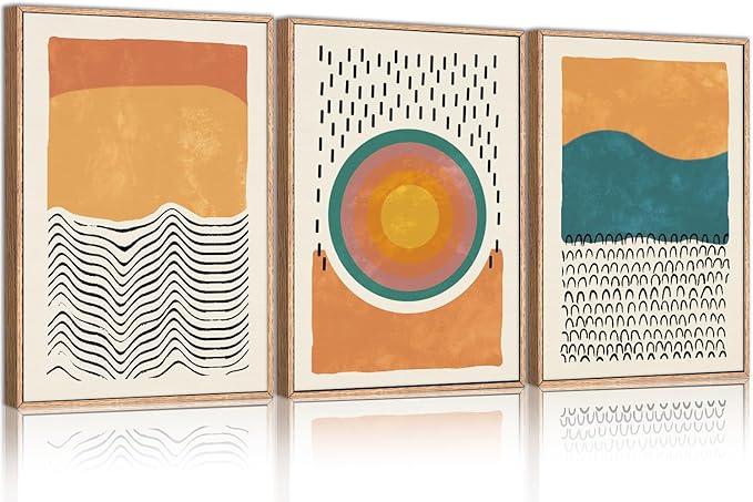 HPINUB Boho Abstract Framed Canvas Prints Wall Art Set, Mid-Century Color Block Shape Wall Decor, Minimalist Illustrations Art Photos for Living Room, Bedroom, Dining Room, Office, Bathroom-24 x36 x3